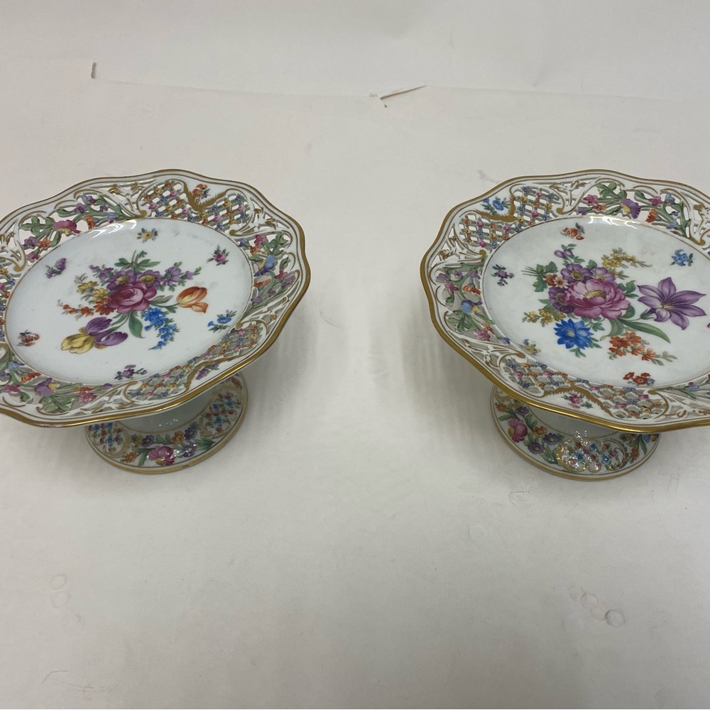 Dresden hand painted footed plate. 4 3/4” X 8 1/2”